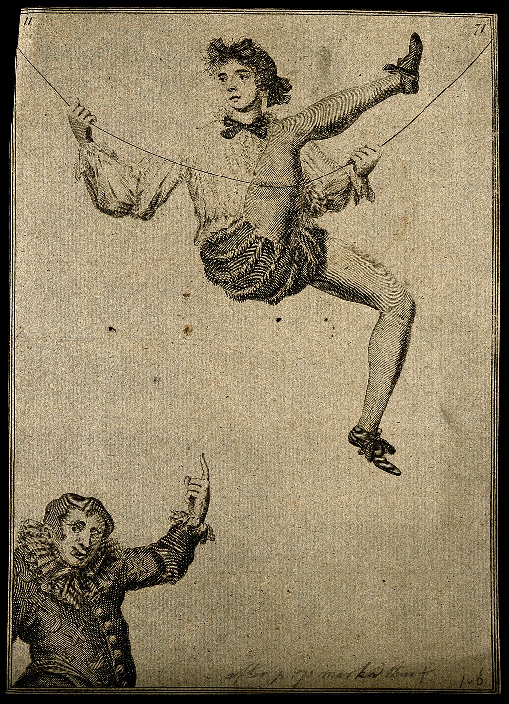 A tightrope walker above a clown. Engraving, 1688