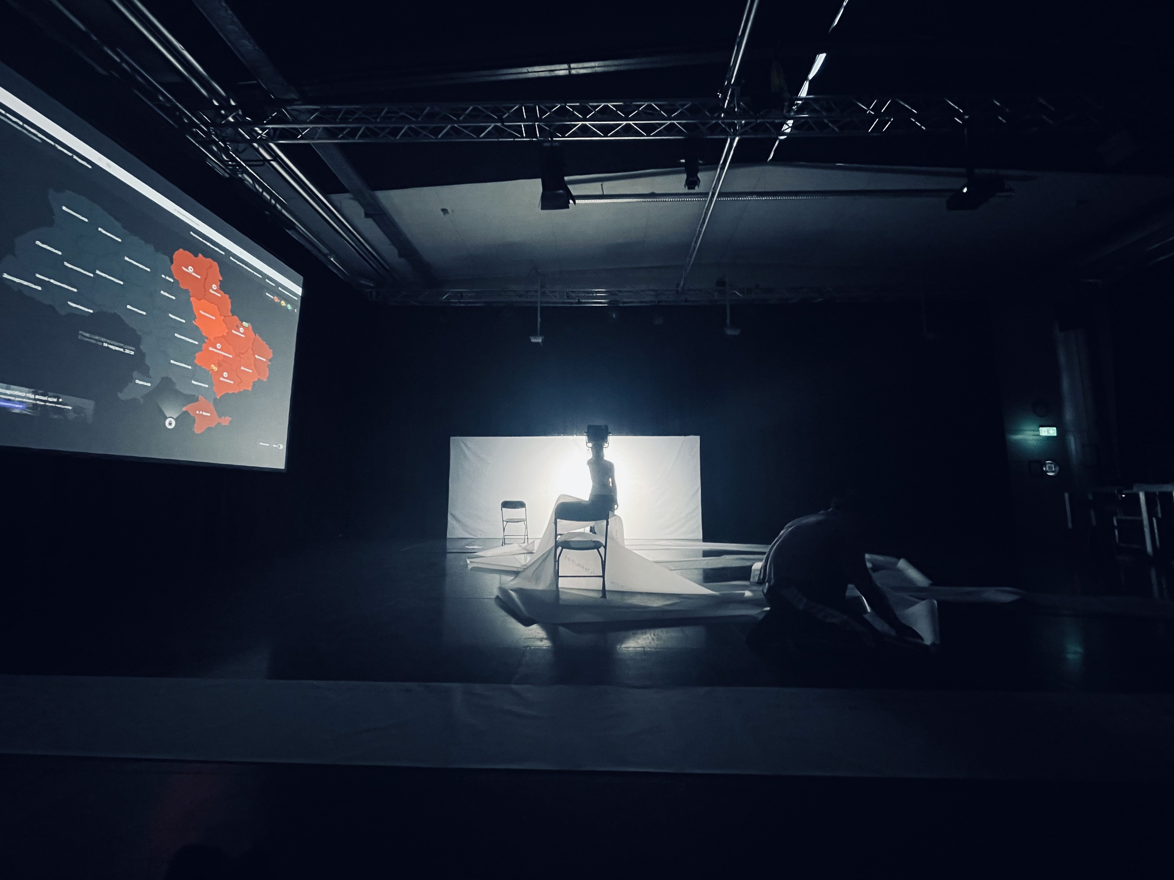 In a dark studio, a performer is unrolling long paper strips and covering the studio floor with them. On the left side is a screen with a grey and red map of Ukraine, on the background is a white screen and a second performer illuminating it with white LED light panel on the tripod. 